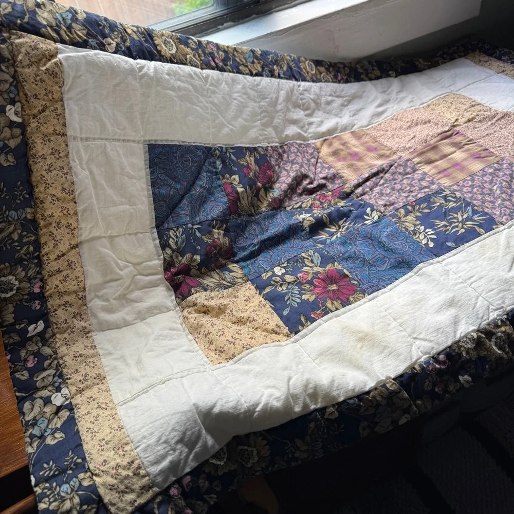 Patchwork Quilted Pillow Sham Country Cottage Floral Blue Beige pillowcase large